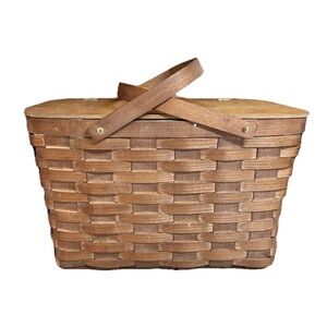 Vintage Picnic Basket Hinged Lid  Red White Gingham Lining Large 10” X 16”